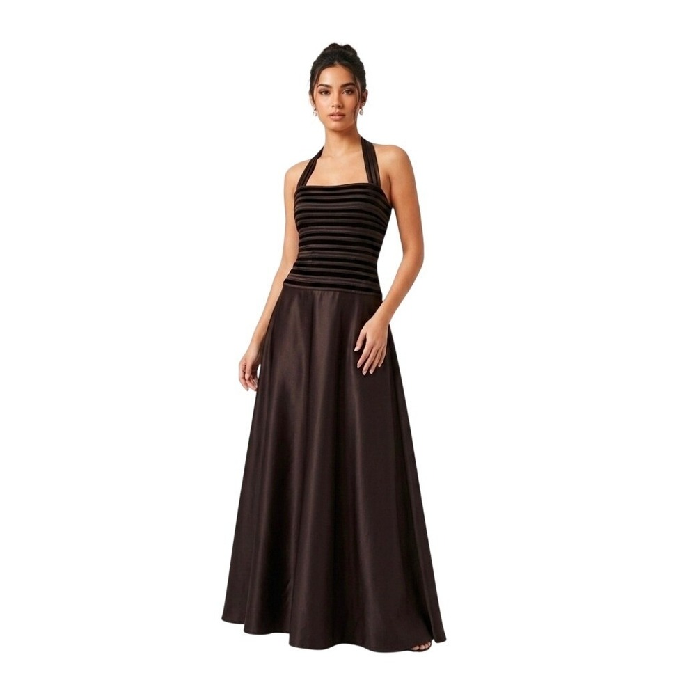 Tadashi Petite Brown Halter Neck Velvet Striped Bodice Evening‎ Gown Dress 2P